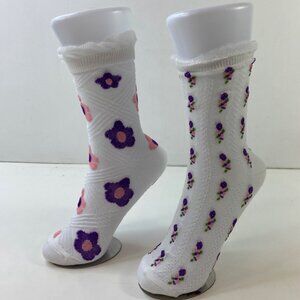Womens Floral Crew Socks 2-Pack Ruffle Cuff White With Purple Pink Design